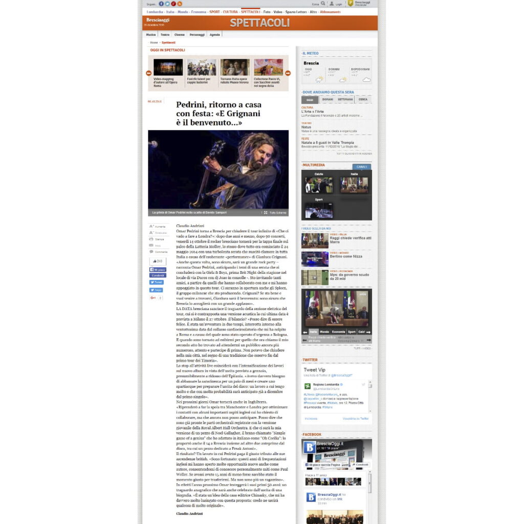 Brescia Oggi Articolo riguardante il concerto di Omar Pedrini del 14.10.2016 alla Latteria Molloy.