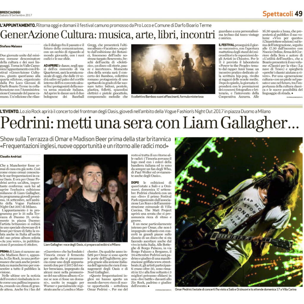 Brescia Oggi Articolo riguardante il concerto del 14.09.2017 a Milano di Omar Pedrini con un mio scatto.