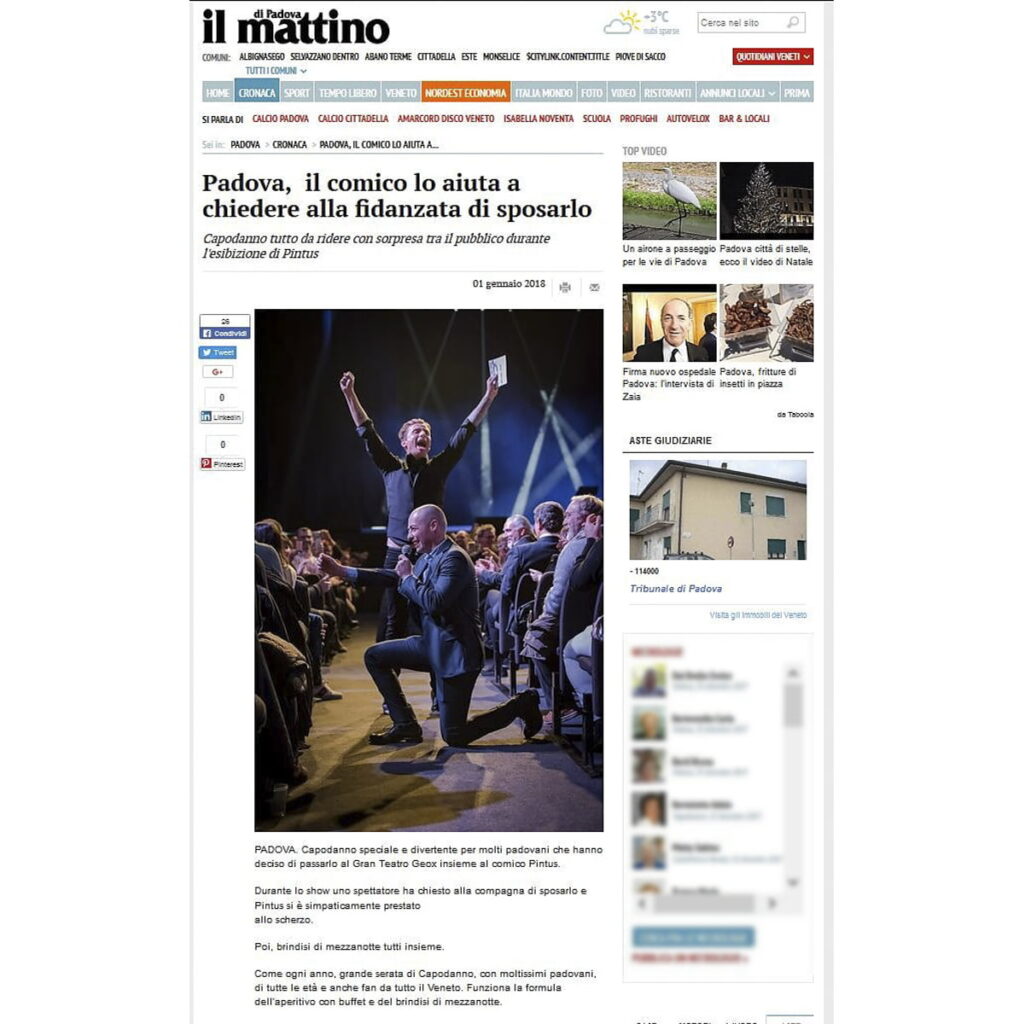 Il Mattino di Padova Pubblicazione di un mio scatto del Capodanno con Angelo Pintus al Gran Teatro Geox di Padova (Zed Live).