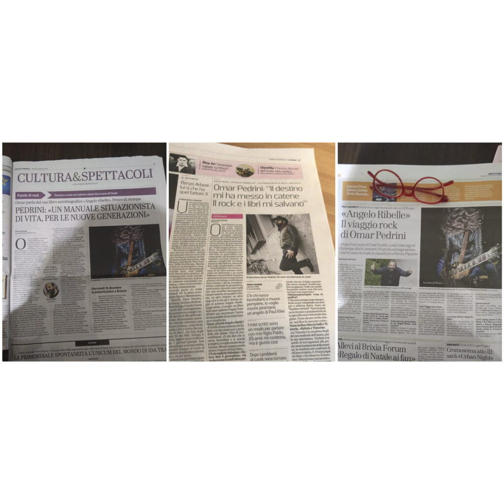 Giornale di Brescia, La Stampa e Brescia Oggi 3 articoli riguardanti la pubblicazione di Angelo Ribelle corredati da mie foto.