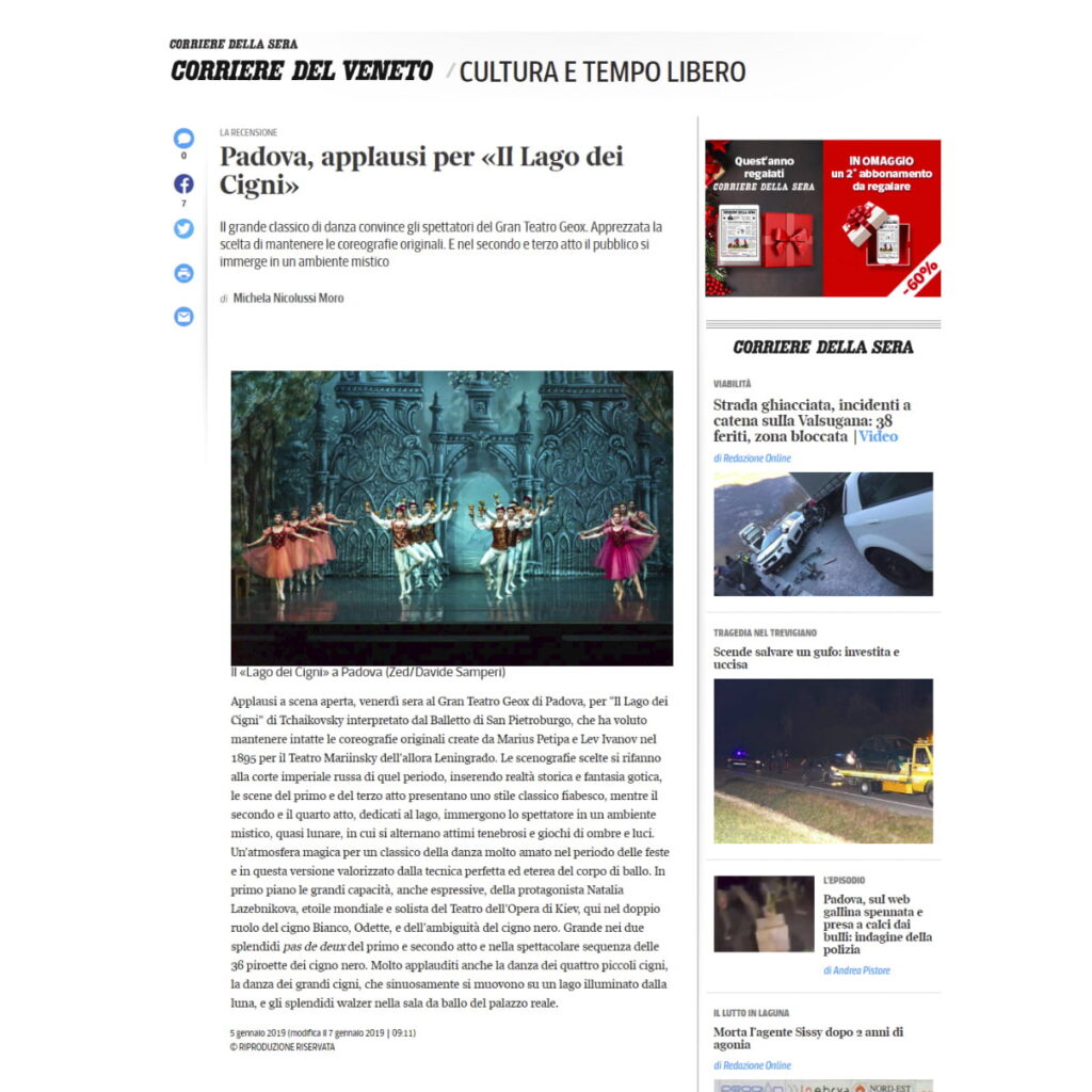 Corriere del Veneto Articolo riguardante lo spettacolo il lago dei cigni corredato da un mio scatto.
